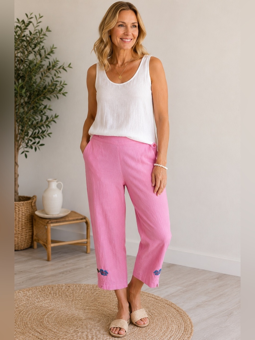 A.K.C. Pink Cropped Linen Blend Pants for Women Size L Boho Cottagecore Coastal